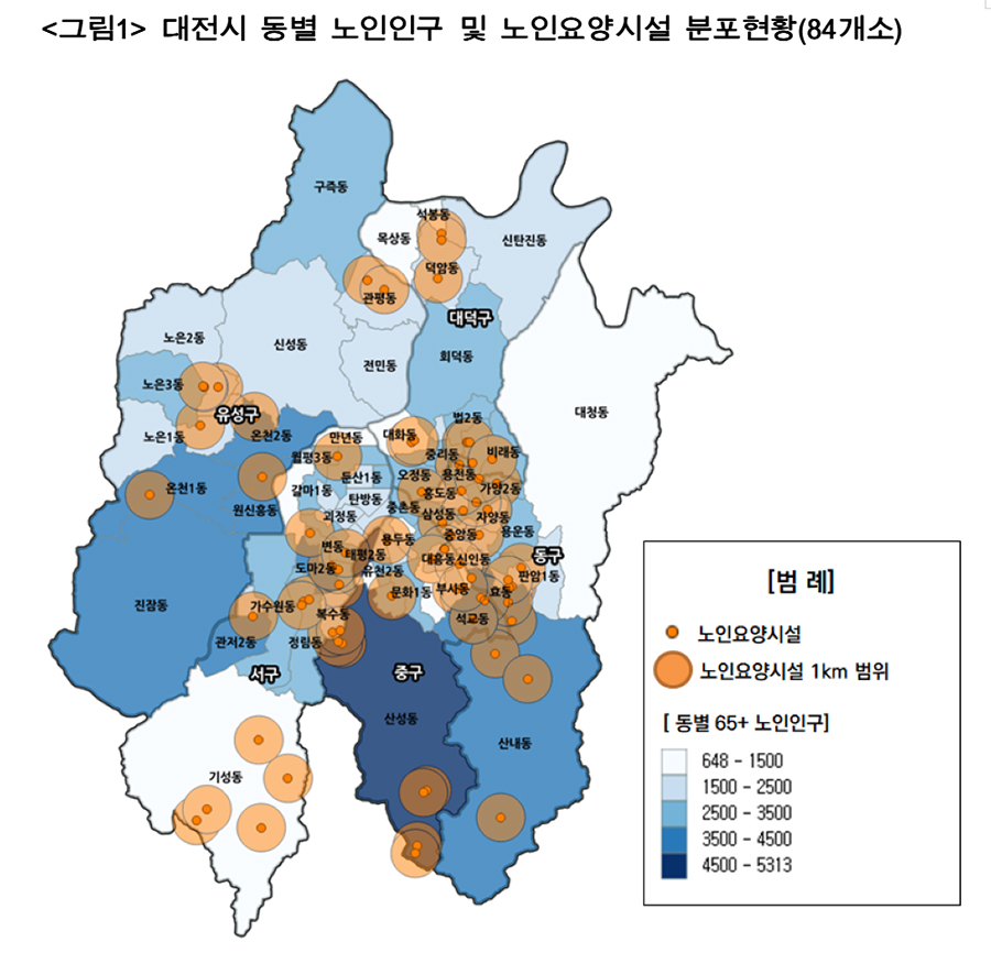 대전시 동별 노인인구 및 노인요양시설 분포현황(84개소)