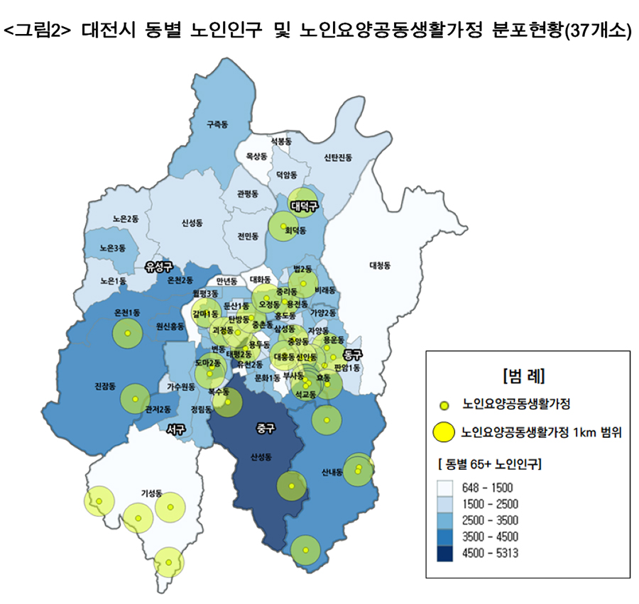 대전시 동별 노인인구 및 노인요양공동생활가정 분포현황(37개소)